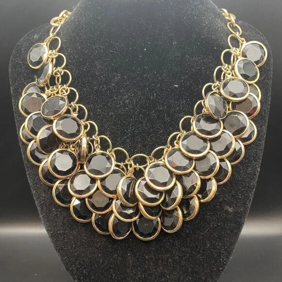 Black Faceted Acrylic Bib Necklace Muted Gold Tone Statement Color Layer 20+2" - Picture 2 of 6
